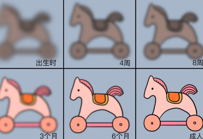 新生儿视力发育过程图，由黑白模糊到彩色清晰